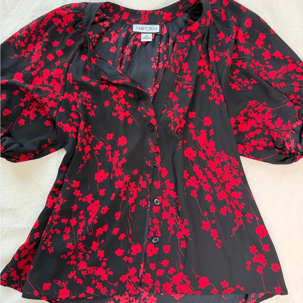 Sams Dress Black and Red Floral Blouse